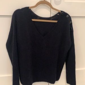 Navy blue V-neck button detail on the left shoulder mohair alpaca sweater